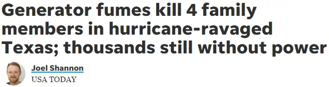 Generator fumes kill 4 family members in hurricane-ravaged texas.